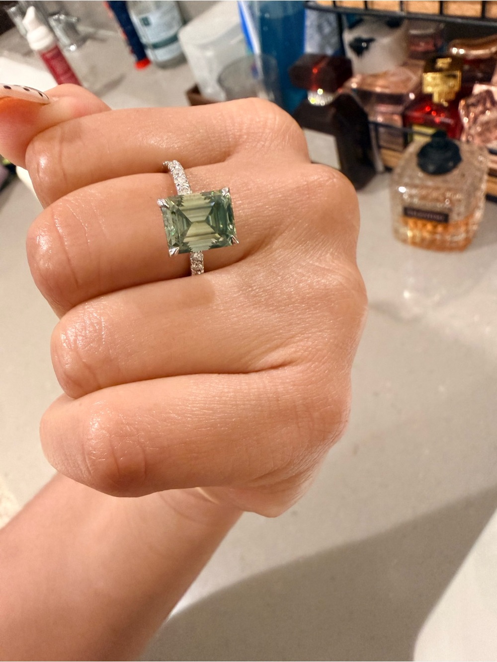 Emerald-Cut Teal Sapphire Ring with Pavé Diamond Band - Picture 2 of 3